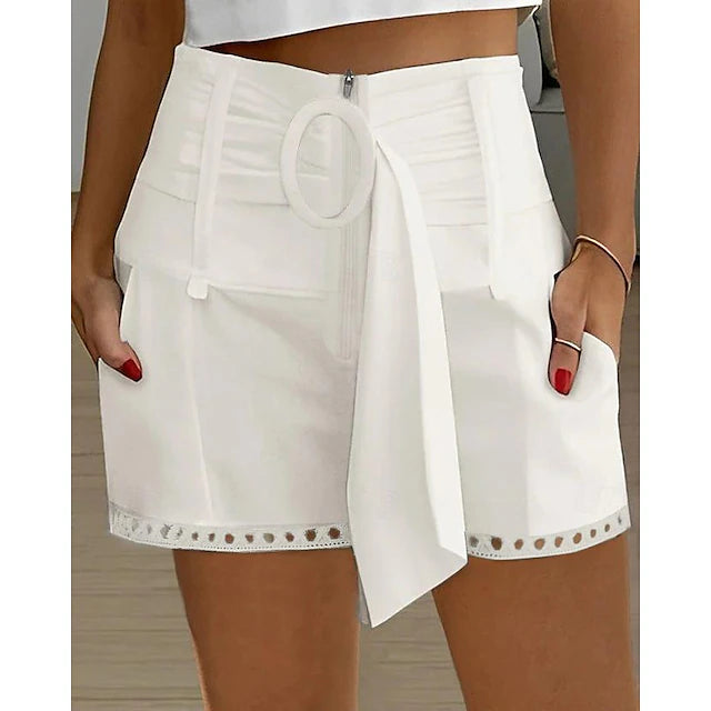 Women's Shorts Linen Cotton Blend Side Pockets Cut Out Short Black Summer