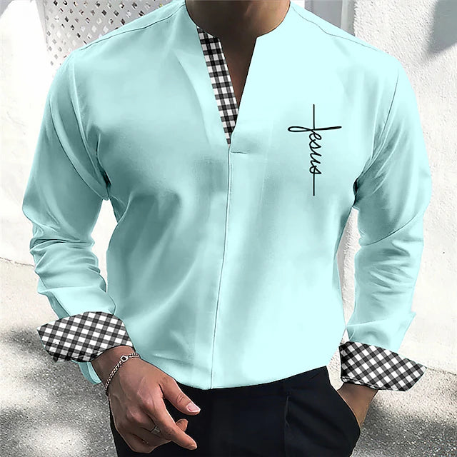 Men's Shirt Plaid / Check Graphic Prints Cross V Neck Blue Green Khaki Light Blue Gray