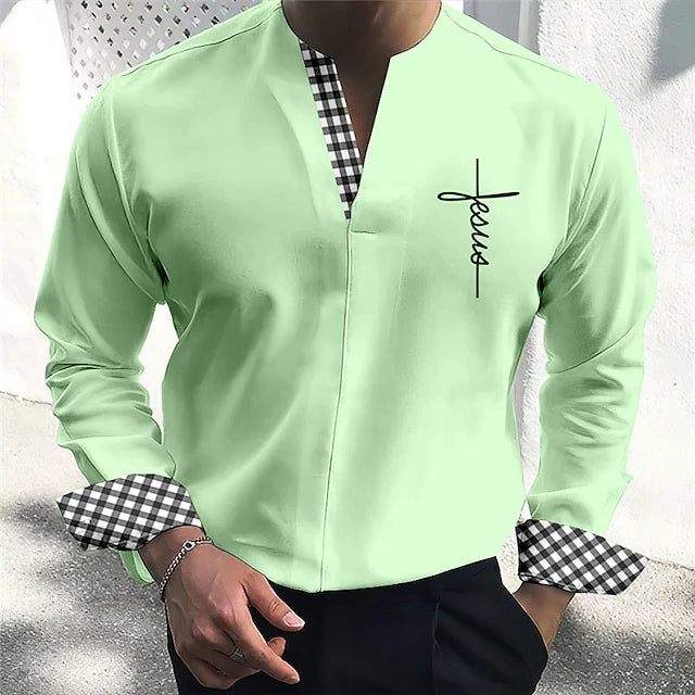 Men's Shirt Plaid / Check Graphic Prints Cross V Neck Blue Green Khaki Light Blue Gray