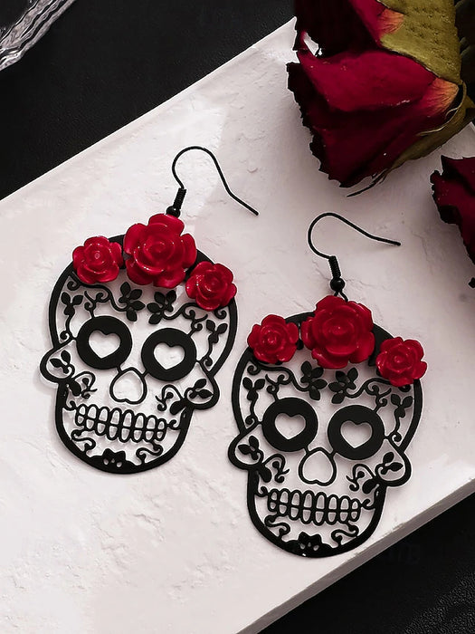 Day of the Dead Skull Earrings with Red Rose Detail – Gothic Halloween