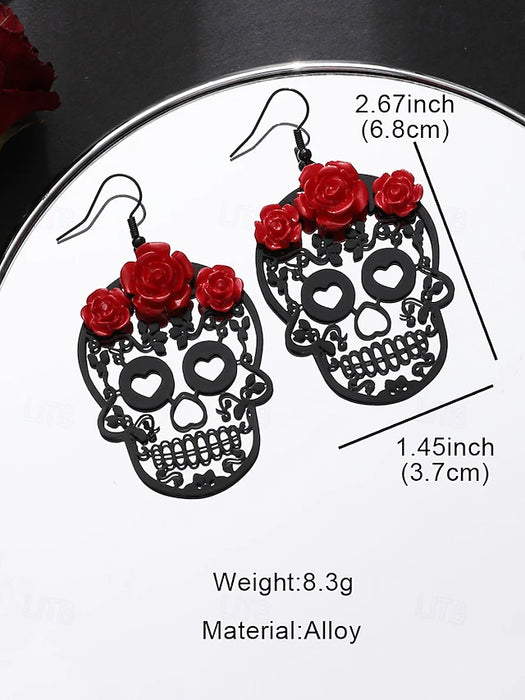 Day of the Dead Skull Earrings with Red Rose Detail – Gothic Halloween