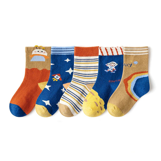 Kids Boys 5 Pairs Socks Multicolor Color Block Striped Fall Winter Sweet Daily Wear 3-12 Years
