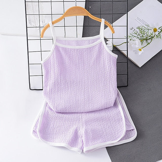 2 Pieces Toddler Girls' Solid Color Tank Top & Shorts Set Set Sleeveless Cute Outdoor