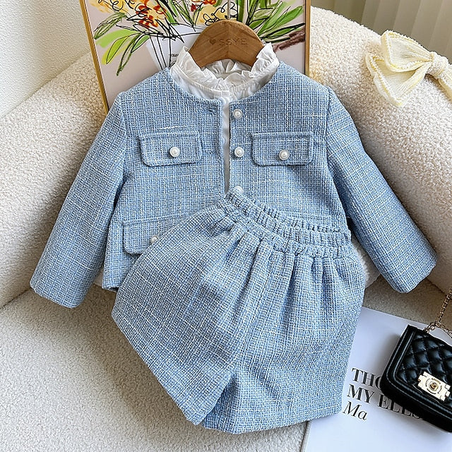 2 Pieces Kids Girls' Solid Color Shorts Suit Set Long Sleeve Cute Casual 3-7 Years Spring Blue