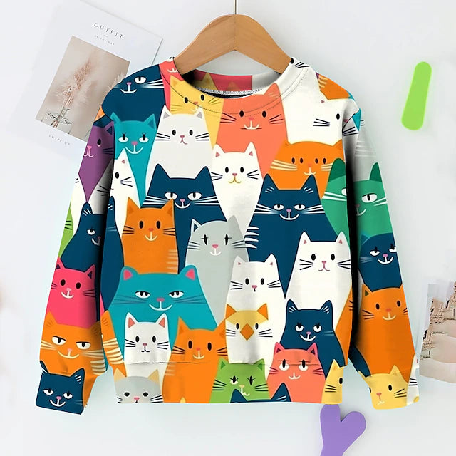 Girls' 3D Graphic Cartoon Cat Sweatshirt Long Sleeve 3D Print Summer Fall Fashion Streetwear