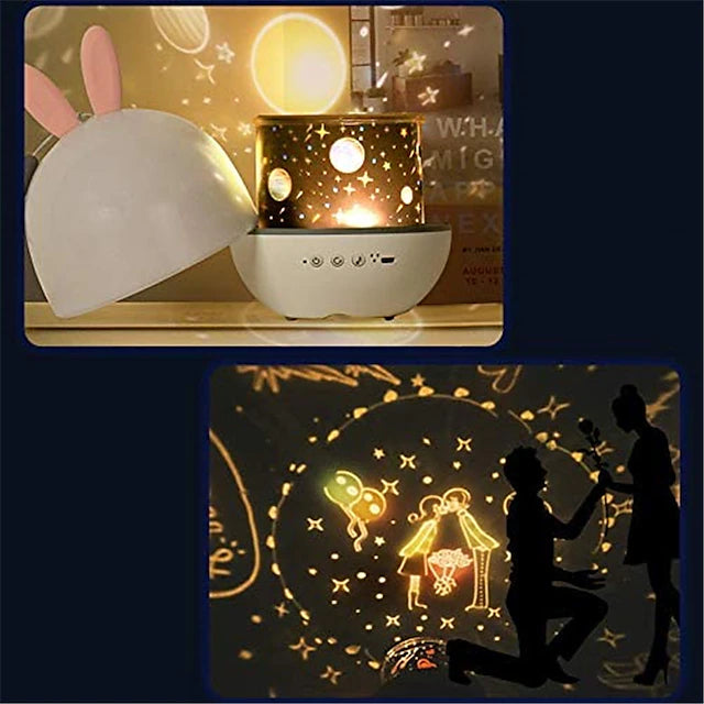LED Projector Night Light Charging Rotating Projection Nightscape Lamp with Rabbit Ears