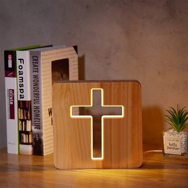 Jesus Cross 3D LED Optical Night Light Cross Shaped Wood Bedside Lamp