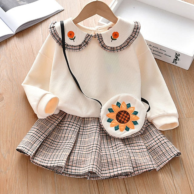 3 Pieces Kids Girls' Floral Embroidered Skirt & Hoodie Set Long Sleeve Fashion Outdoor 3-7 Years Spring White Orange