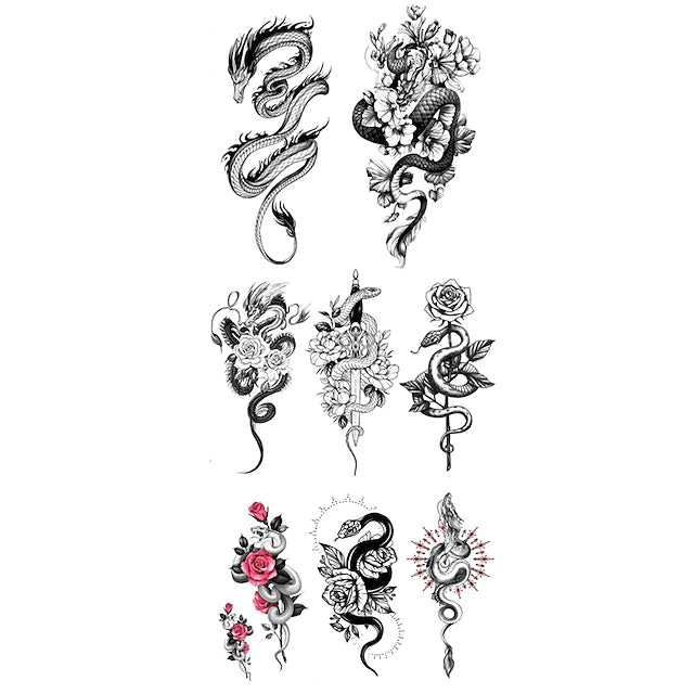 8PCS Waterproof Temporary Tattoo Sticker Black Snake Dragon Totem Flash Tatto Tiger Flowers Roses Body Art