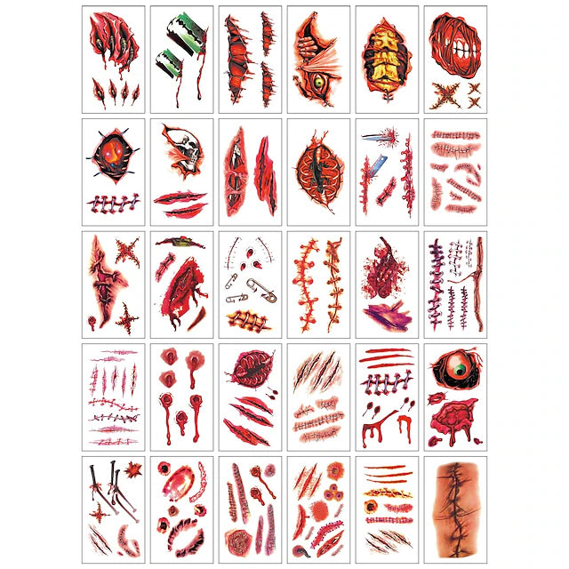 30 Sheets 3D Fake Scars Tattoo Temporary Halloween Makeup Kit, Fake Stitches Tattoos Cut Scary Face Wound Blood