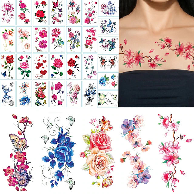 35 pcs 3D Lily Flower Temporary Tattoos For Women Adults Rose Lotus Anemone Tattoo Sticker Fake Half Sleeve Watercolor Arm Tatoos