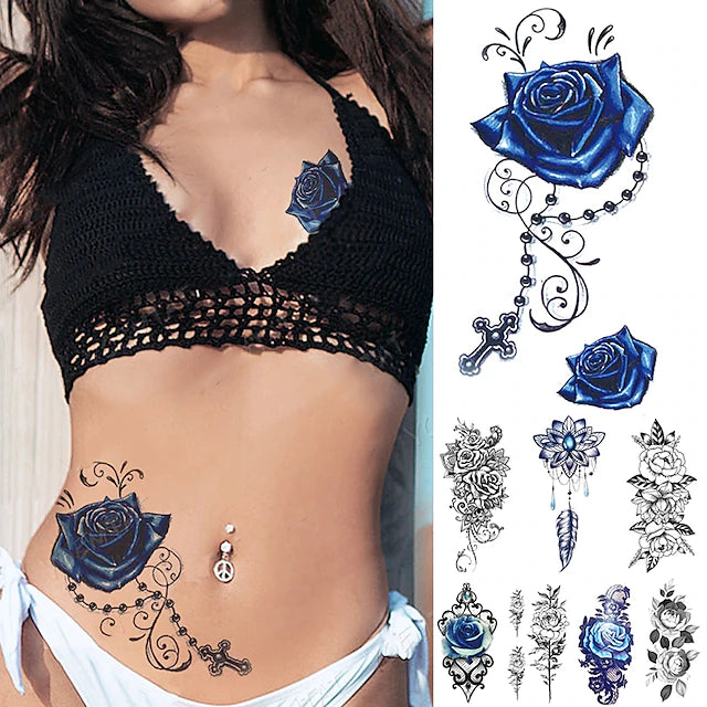 8PCS Waterproof Temporary Tattoo Sticker Blue Rose Peony Flowers Flash Tattoos Cross Rosary Body Art