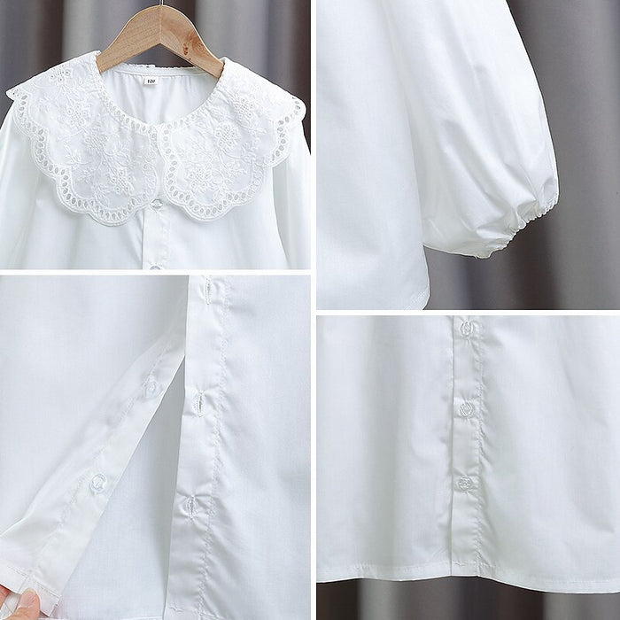 Kids Girls' Back to School Blouse Solid Color School Long Sleeve Lace Cute 7-13 Years Spring White