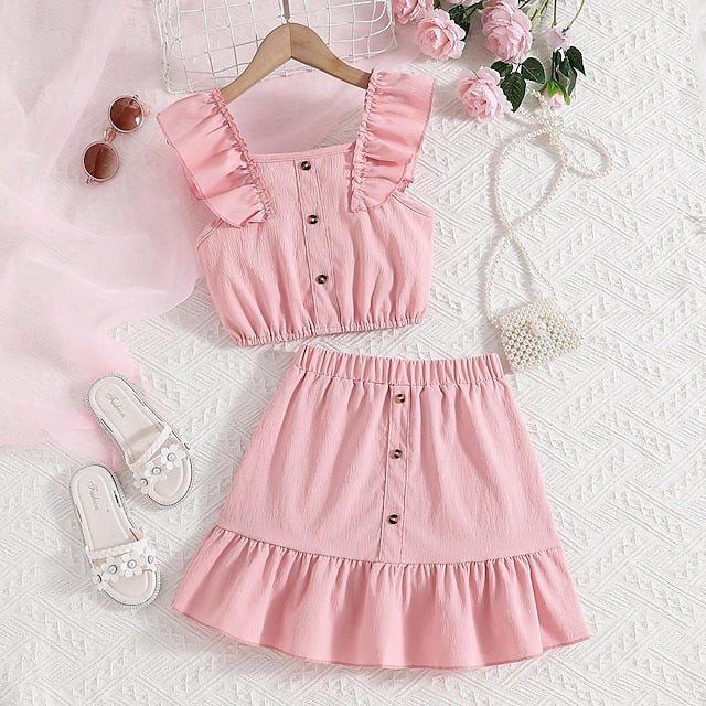2 Pieces Kids Girls' Solid Color Dress Suits Set Sleeveless Fashion School 7-13 Years