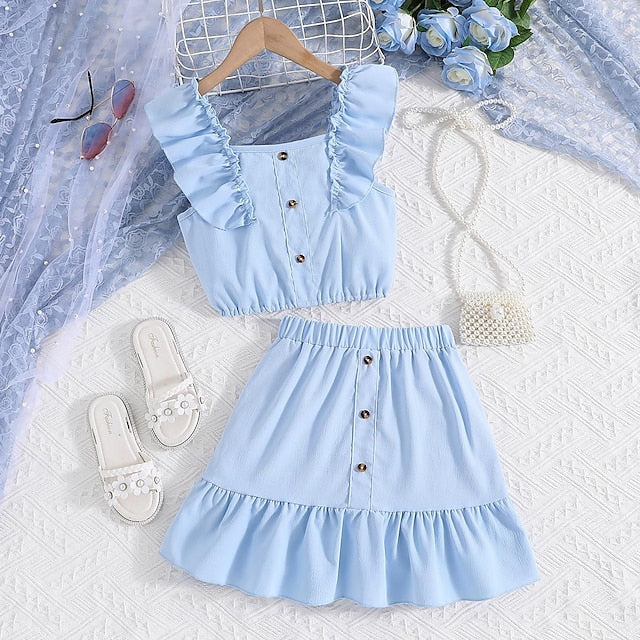 2 Pieces Kids Girls' Solid Color Dress Suits Set Sleeveless Fashion School 7-13 Years