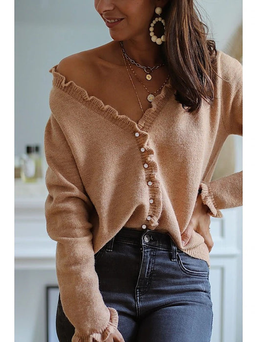 Women's Cardigan Sweater Jumper Knit Ruffle Solid Color V Neck Casual
