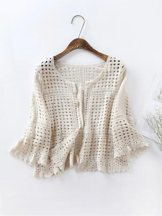 Women's Cardigan Sweater Jumper Crochet Knit Lace Trims Hole Solid Color