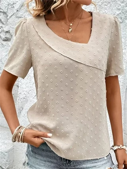 Women's Shirt Blouse Beige Plain Short Sleeve Casual Basic V Neck Regular S