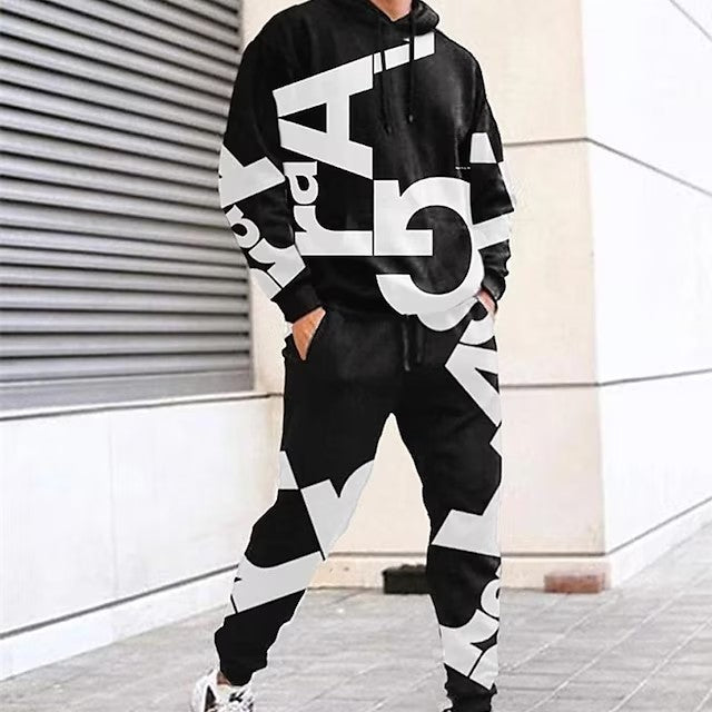 Men's Tracksuit Hoodies Set Black And White White Black Hooded Graphic Letter