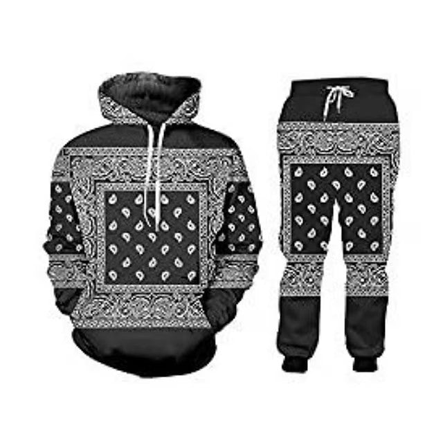 Men's Tracksuit Sweatsuit Black Hooded Graphic Bohemian Style Casual Daily Holiday