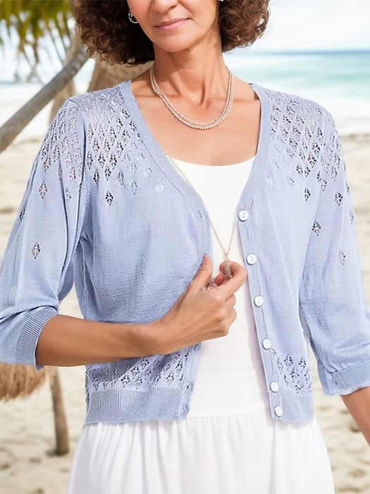 Women's Cardigan Sweater Jumper Crochet Knit Hollow Out Button Solid Color