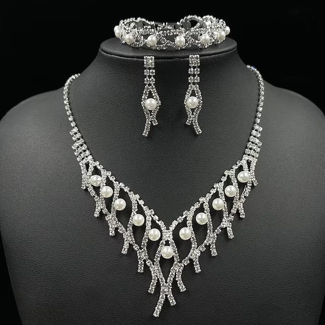 Bridal Jewelry Sets Three-piece Suit Imitation Pearl Rhinestone Earrings Necklace