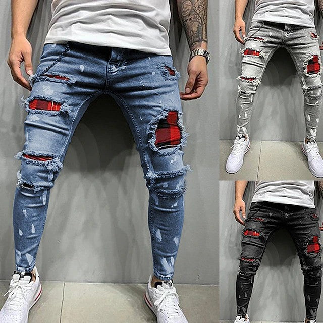 Men's Jeans Skinny Trousers Denim Pants Pocket Ripped Lattice