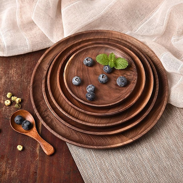 wholesale wooden round plate japanese black walnut round plate cake dessert solid wood tray wooden plate