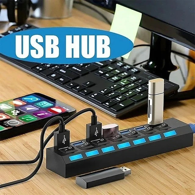 4-Port/7-Port USB To USB 2.0 Ultra-Mini Hub Adapter Hub Power On/Off Switch For PC Laptop Computer