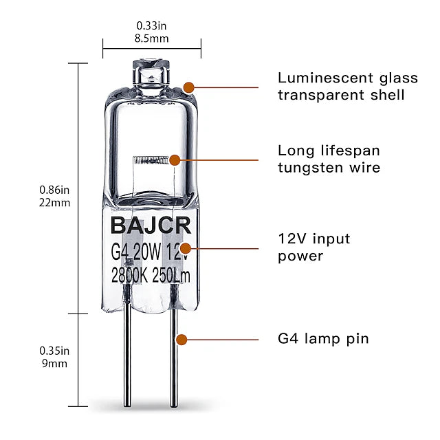 BAJCR G4 Halogen Bulb 20W, 10 Pack Dimmable G4 Light Bulb for Under Cabinet
