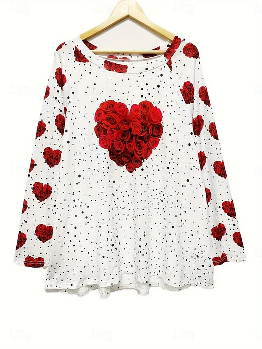 Women's Valentine Heart T Shirt Cute Red Tee Casual Rose Long Tops Long Sleeve