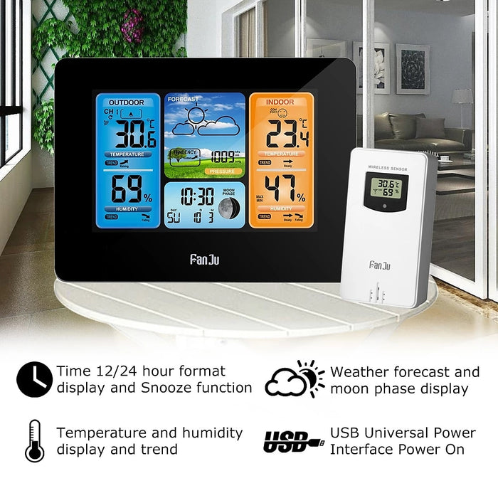 FanJu Wireless Digital Thermometer Hygrometer Barometer Weather Station Frost Alarm Clock