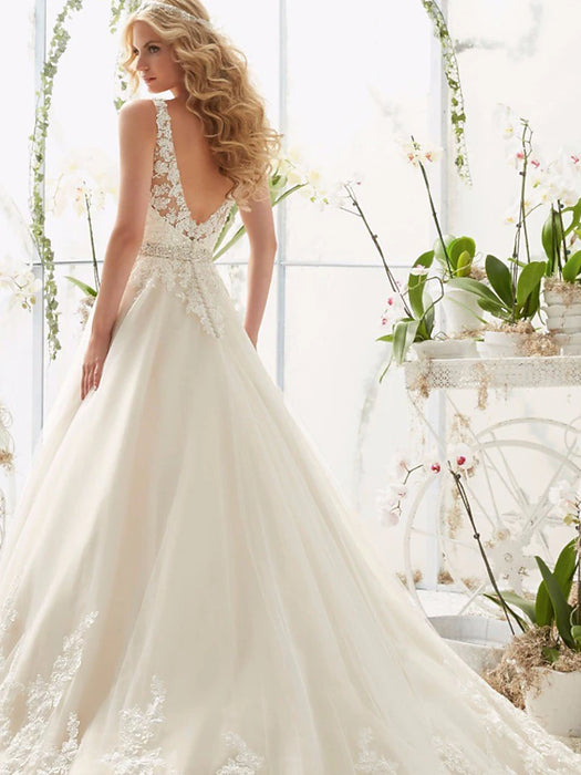 Engagement Open Back Sexy Formal Wedding Dresses A-Line V Neck Sleeveless Court Train Lace Bridal Gowns With 2024