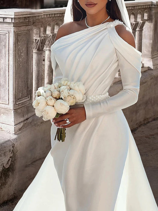 Formal Wedding Dresses Two Piece One Shoulder Long Sleeve Floor Length Satin Bridal Gowns With Sash / Ribbon Beading 2024