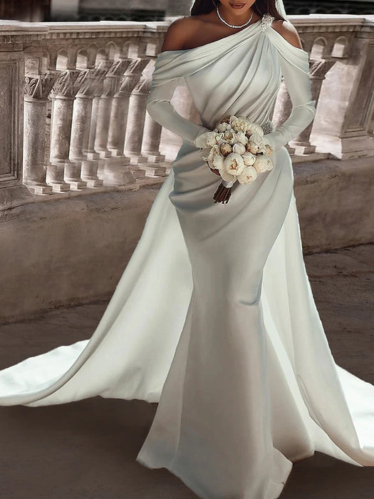 Formal Wedding Dresses Two Piece One Shoulder Long Sleeve Floor Length Satin Bridal Gowns With Sash / Ribbon Beading 2024