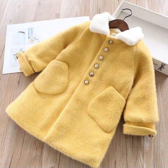 Kids Girls' Woolen Coat Long Sleeve White Yellow Pink Solid Color Button Spring Fall Active School 7-13 Years