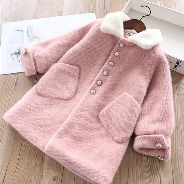 Kids Girls' Woolen Coat Long Sleeve White Yellow Pink Solid Color Button Spring Fall Active School 7-13 Years