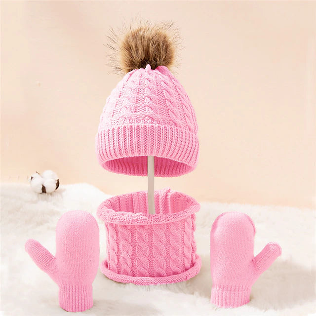 Warm Simple Solid Pompom Cap Scarf Gloves 1set Autumn Winter Children's Hat Set Newborn Hat Baby