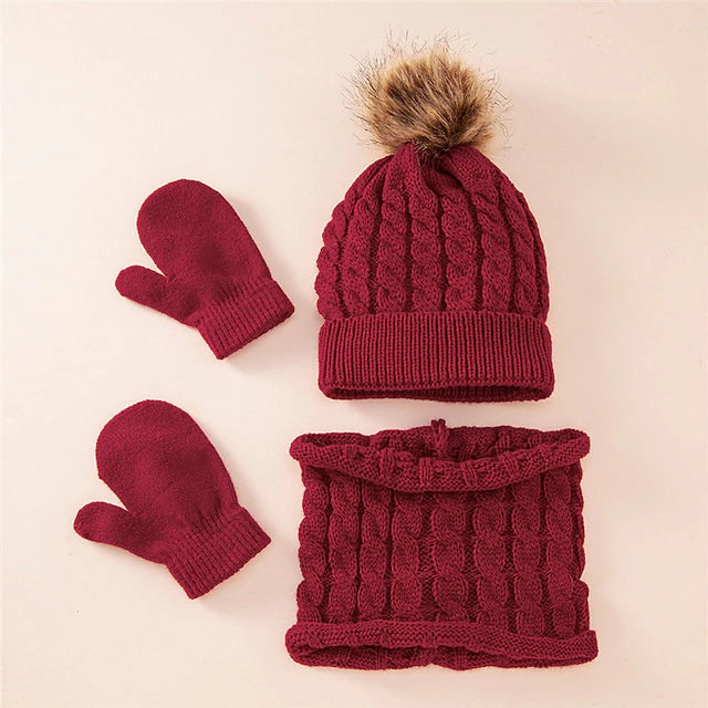 Warm Simple Solid Pompom Cap Scarf Gloves 1set Autumn Winter Children's Hat Set Newborn Hat Baby
