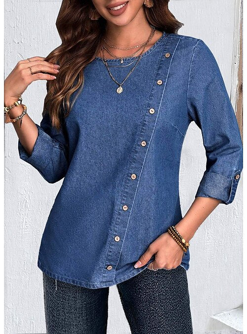 Women's Shirt Blouse Plain Denim Blue Button Long Sleeve Casual Fashion Round Neck