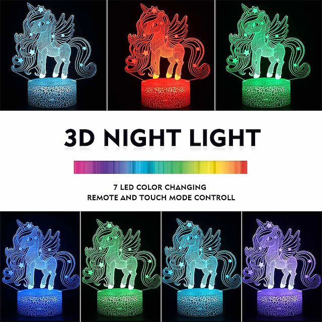 Unicorn 3D Nightlight Night Light for Children 7/16 Color-Changing Remote Control