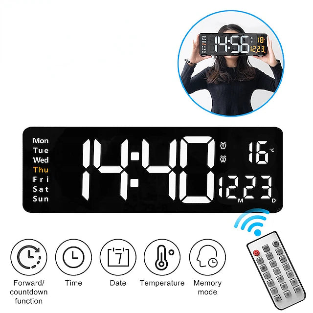 Large Digital Wall Clock Remote Control Temp Date Week Display Power Off