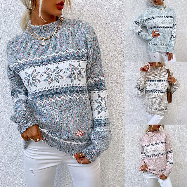 Women's Ugly Christmas Sweater Pullover Sweater Jumper Ribbed Knit Knitted Snowflake Turtleneck