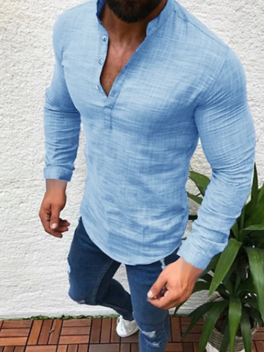 Men's Shirt Solid Colored Plus Size Collar Round Neck Long Sleeve