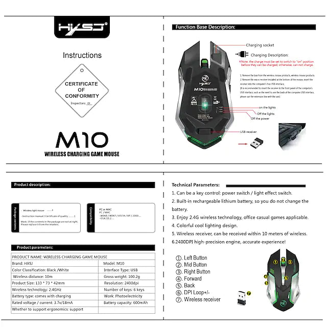 HXSJ M10 2.4Ghz Wireless Gaming Mouse 2400dpi
