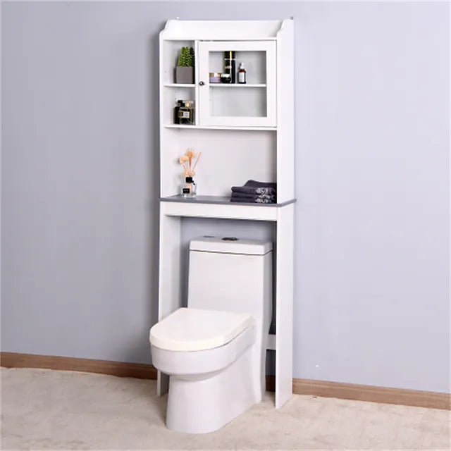 Wooden Bathroom Floor Storage Cabinet Multifunctional Cabinet with Glass Double Doors and Adjustable Shelf White