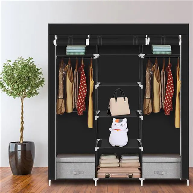 Portable Clothes Closet Non-Woven Fabric Wardrobe Double Rod Storage Organizer Black