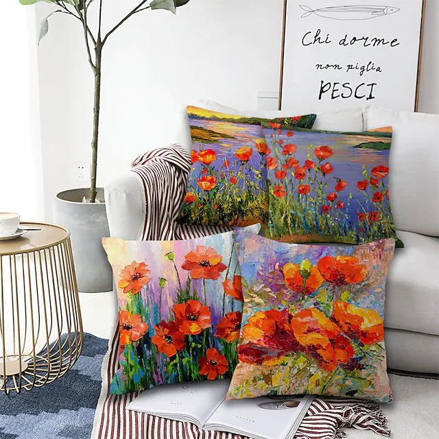 Set of 4 Artistic Flowers Square Decorative Throw Pillow Cases Sofa Cushion Covers