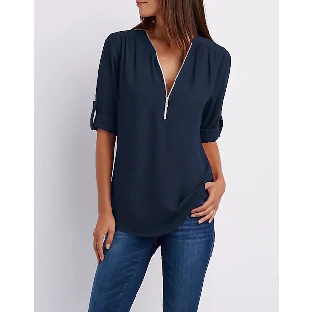 Women‘s Blouse Shirt Zipper Basic Plain Daily V Neck