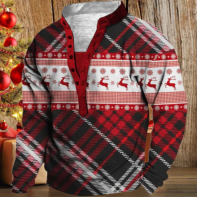 Men's Unisex Sweatshirt Pullover Button Up Hoodie Red Standing Collar Graphic Prints Reindeer